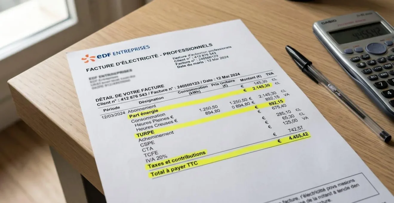 Facture d'électricité professionnelle française avec lignes tarifaires surlignées (TURPE, part énergie, taxes) et calculatrice sur bureau