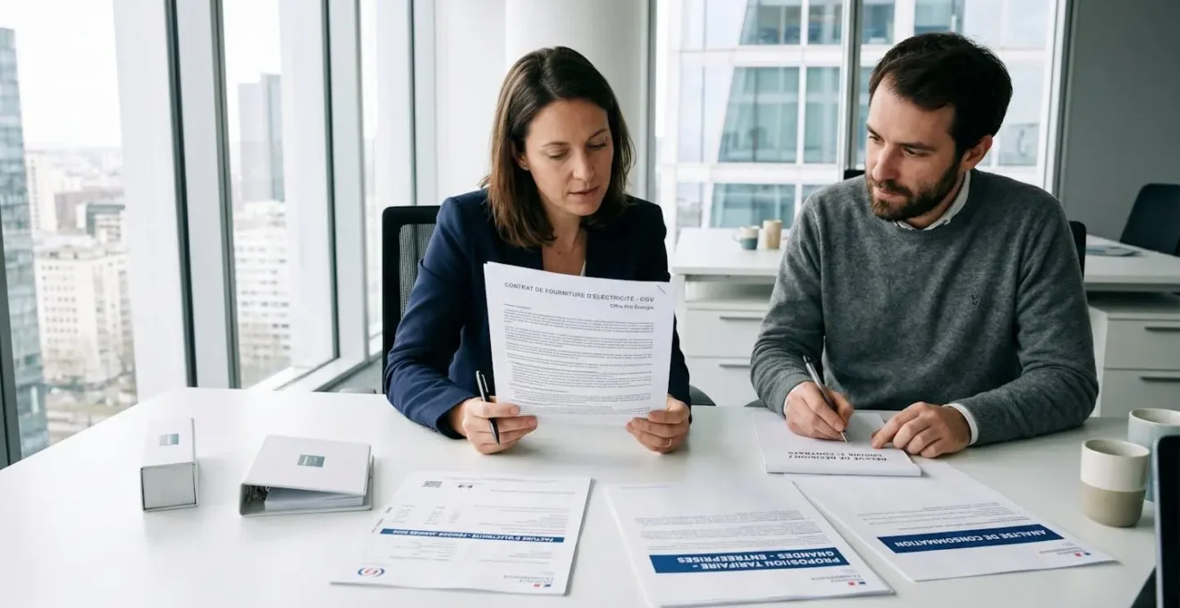 Deux professionnels analysant des documents de contrat d'électricité dans un bureau moderne avec factures et propositions commerciales visibles sur le bureau