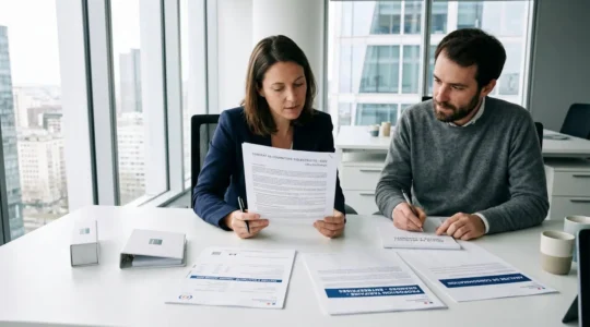 Deux professionnels analysant des documents de contrat d'électricité dans un bureau moderne avec factures et propositions commerciales visibles sur le bureau