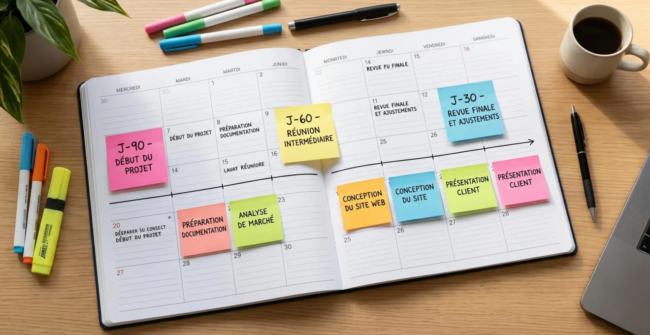 Planning de négociation contractuelle étalé sur 3 mois avec jalons temporels marqués J-90, J-60, J-30 et Post-it organisés par phases