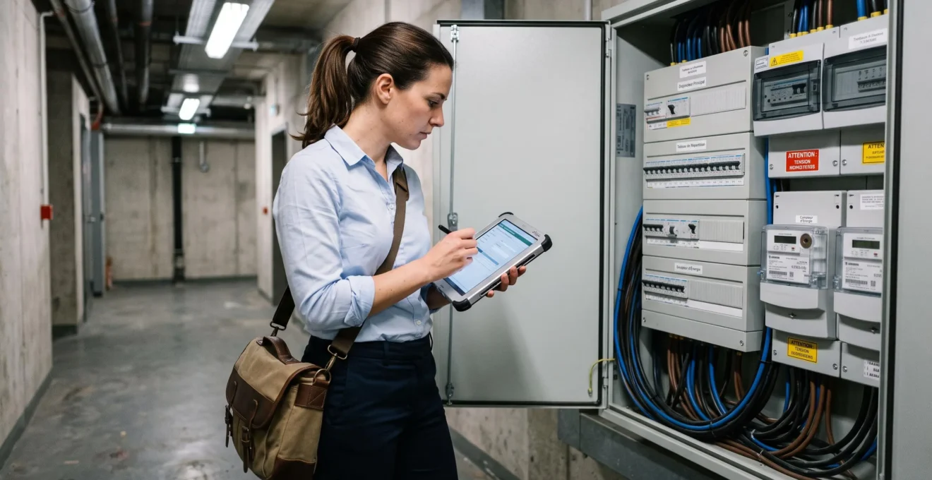 Courtier en énergie réalisant un audit technique devant un tableau électrique d'entreprise