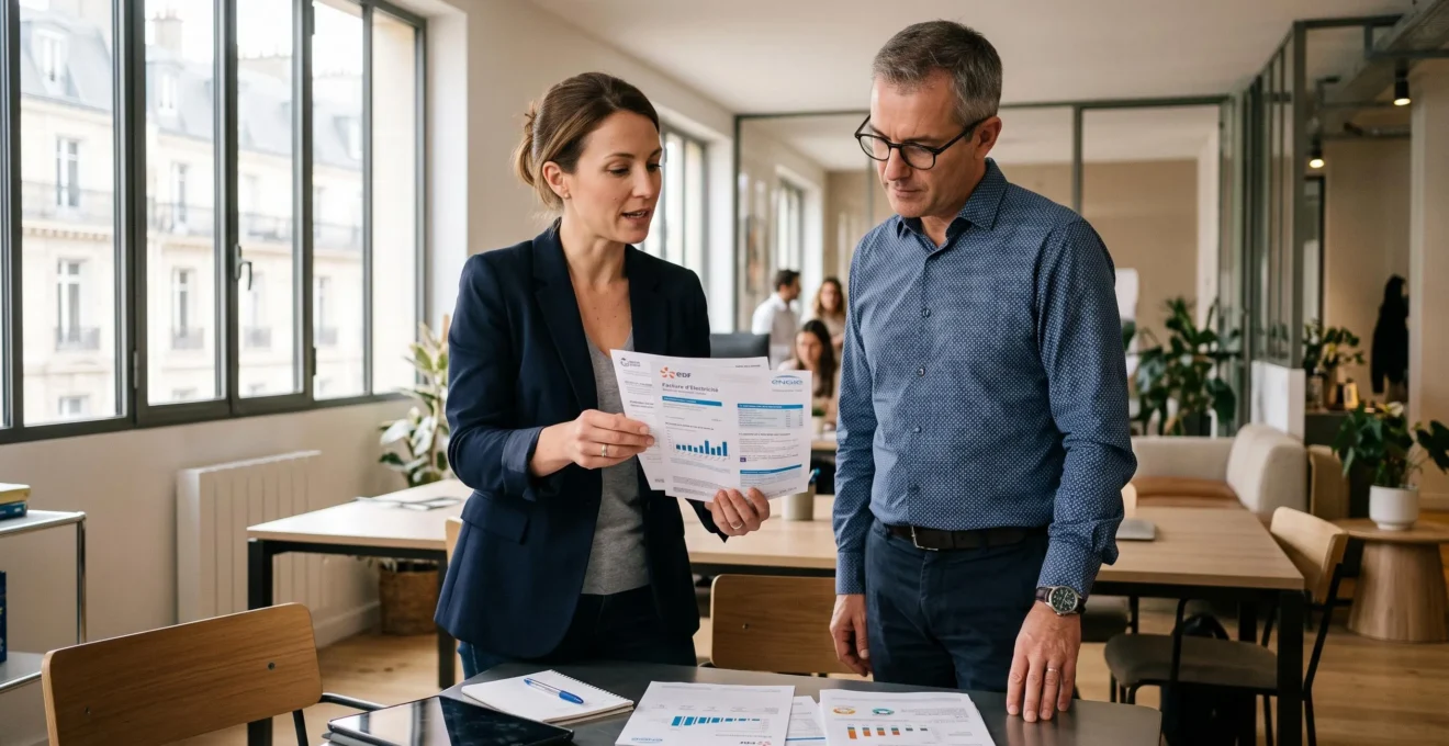 Courtier en énergie consultant avec un chef d'entreprise sur les factures et la consommation énergétique