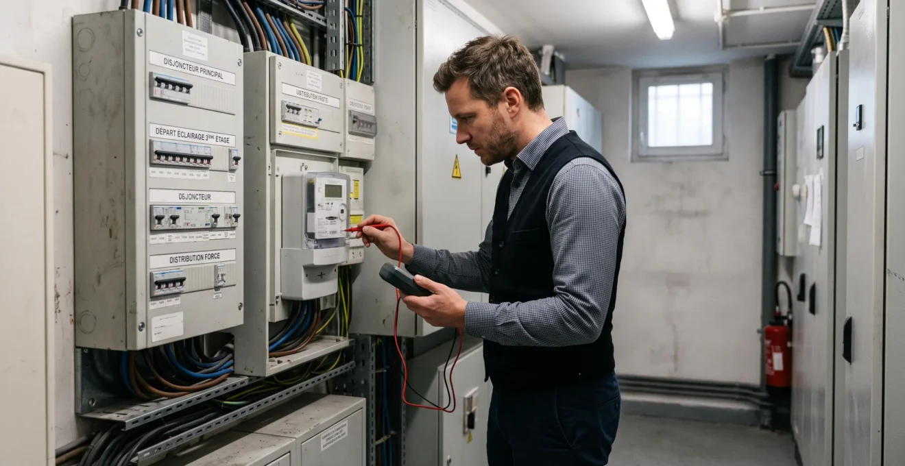 Courtier en énergie inspectant un compteur électrique dans le local technique d'un immeuble de bureaux parisien