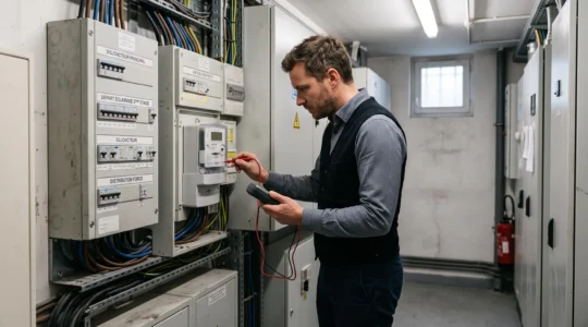 Courtier en énergie inspectant un compteur électrique dans le local technique d'un immeuble de bureaux parisien