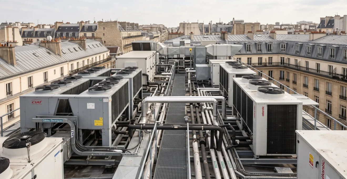 Installations de climatisation et ventilation sur le toit d'un immeuble de bureaux parisien